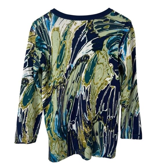Joseph A Silk Cardigan Sweater Womens Small Blue Green Abstract Artsy 3/4 Sleeve - Picture 2 of 5